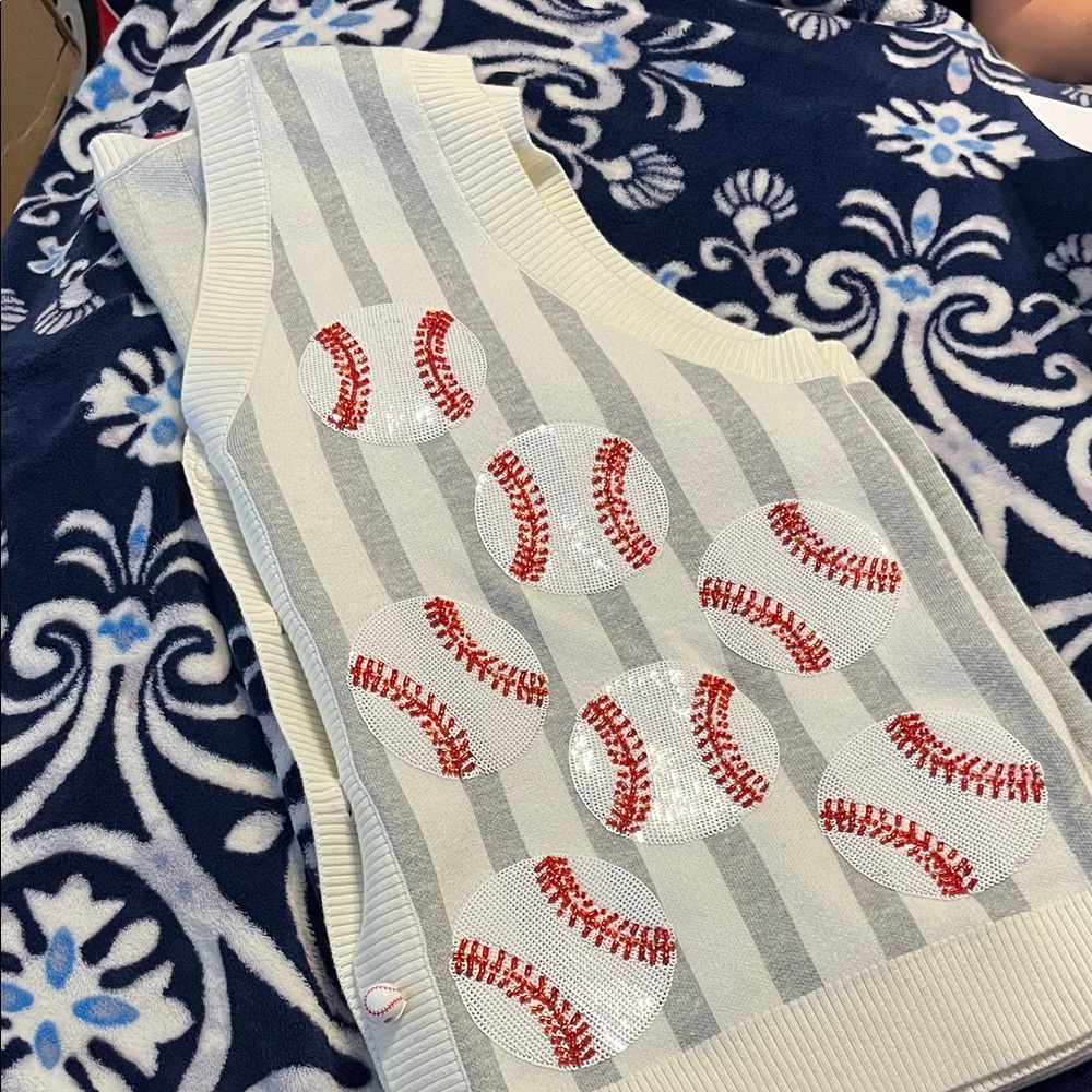 QUEEN OF SPARKLES Baseball Sequin Vest - Cream and Gray
